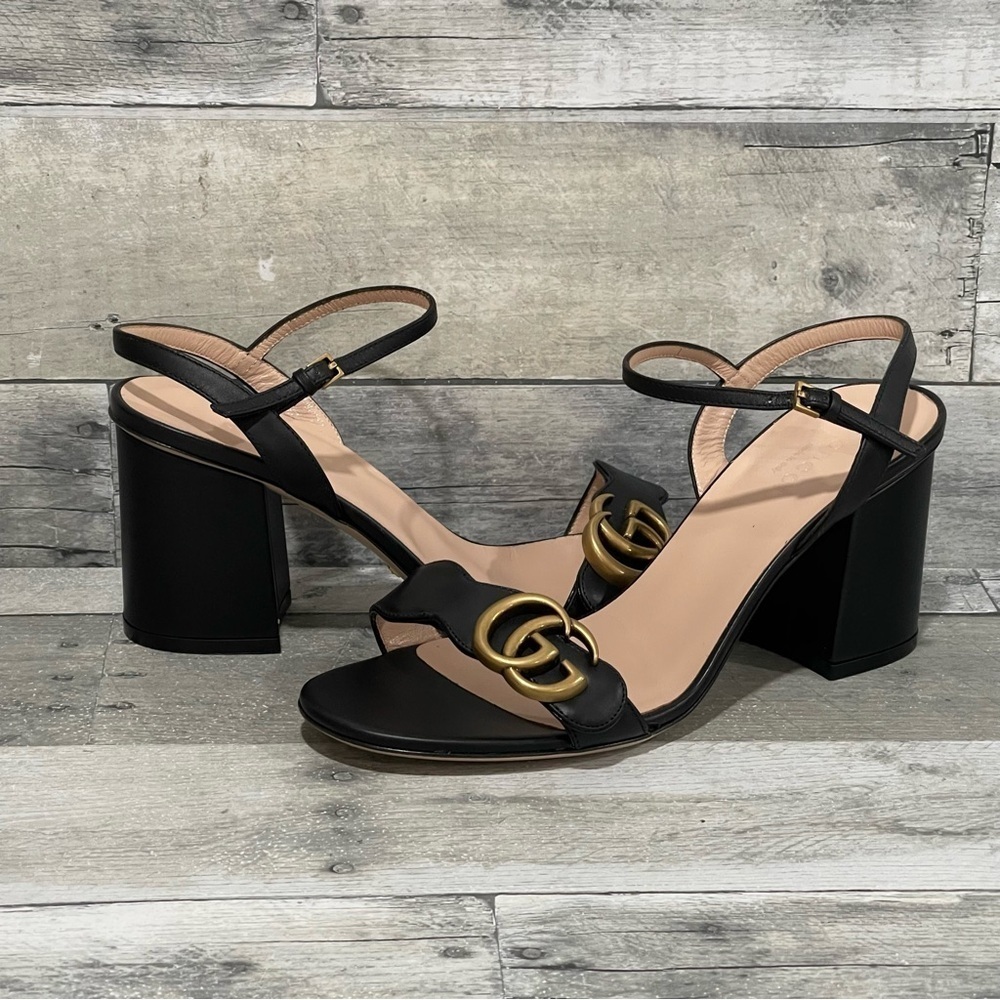 Gucci Double G Gold-Toned Hardware Leather Mid-Heel Sandal Sz- 7.5 Us / 37.5 .Eu